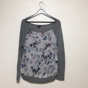 Wet Seal Sheer Front Skull and Roses Raglan
